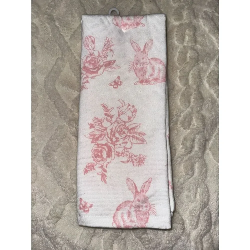 FH Easter Bunny Floral Toile White Pink Cotton Lyocell Blend Tea Kitchen Towels